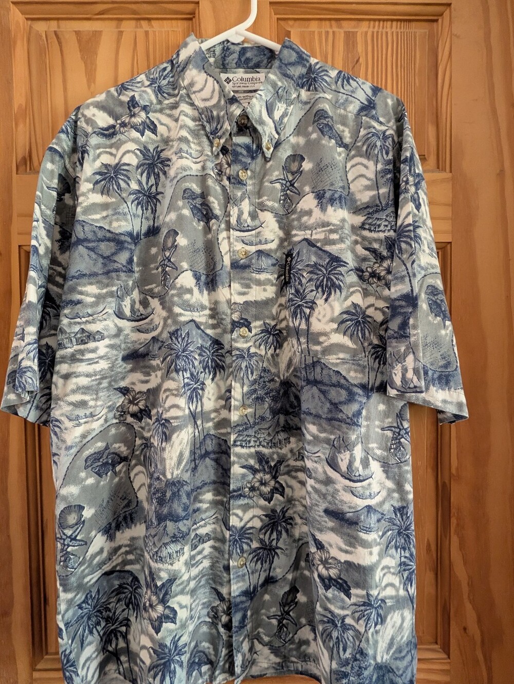 Columbia Hawaiian Tropical Beach Floral Blue Gray Button Down Shirt Mens XL